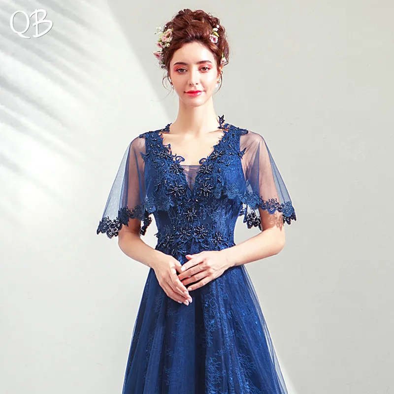 Navy Blue A-line V-neck Tulle Lace Beading Luxury Formal Evening Dresses 2020 New Fashion Bride Party Prom Dress XK211