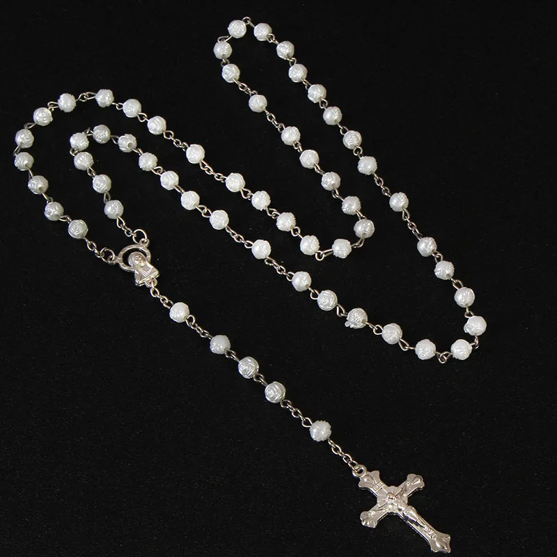 Hot White 6mm Rosary Fatima Rose Madonna Rosary Necklace Girl and Woman Cross Pendant Pink Halloween Gift Girl