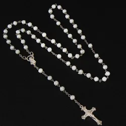 Hot White 6mm Rosary Fatima Rose Madonna Rosary Necklace Girl and Woman Cross Pendant Pink Halloween Gift Girl