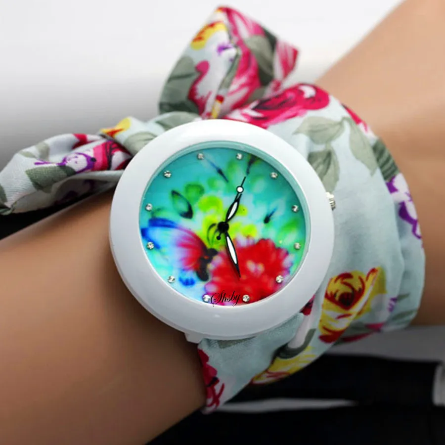 shsby new floral chiffon sweet girls watch Sweet chiffon fabric women dress watches fashion Ladies flower cloth wrist watch