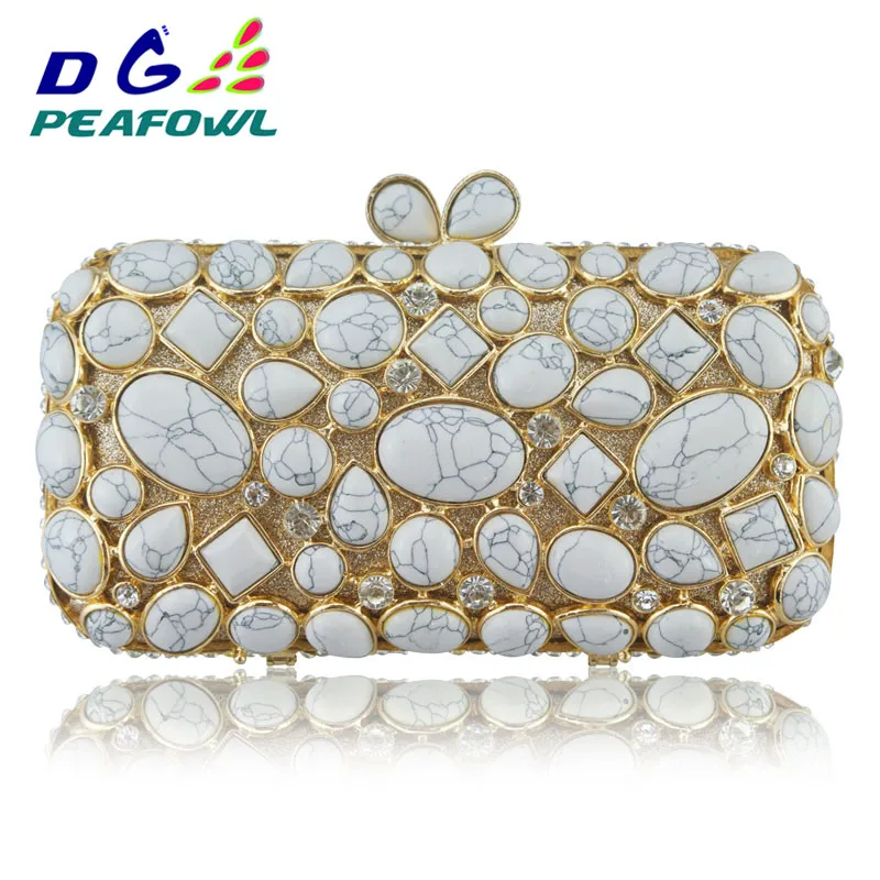 Natural Stone Women Luxury Crystal Evening Bags Bridal Wedding White Clutch Purse Hardcase Gold Metal Party Shoulder Handbag