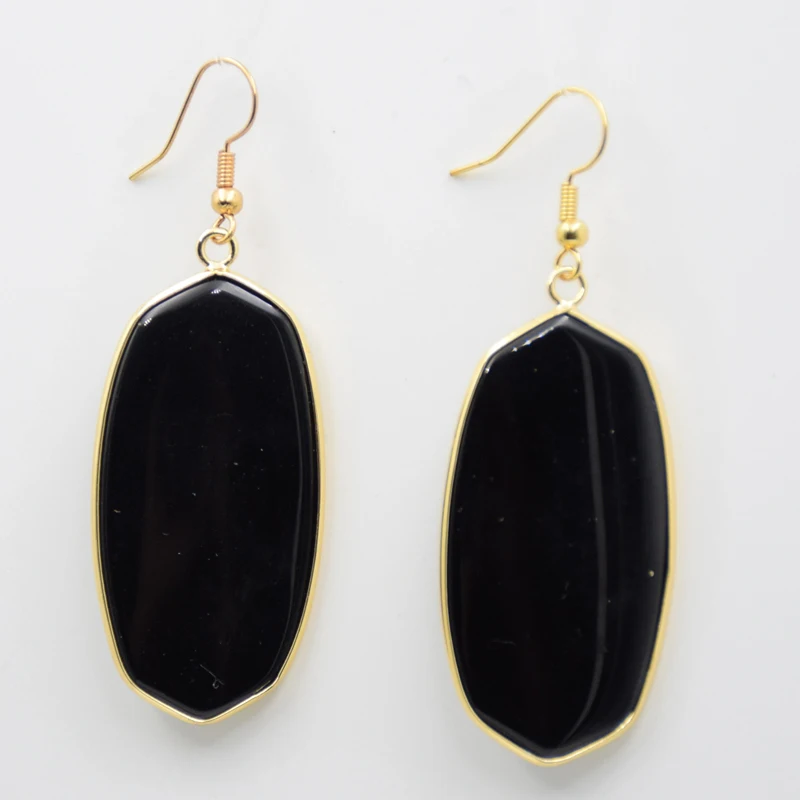 Oval Natural Stone Dangle Earrings Yellow Gold Color Hook Crystal Tiger Eye Black Onyx Lapis Women Female Eardrop Luxury Jewelry