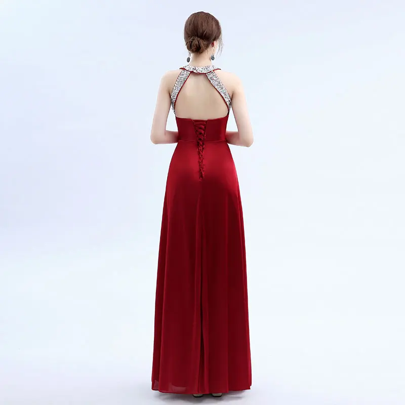 Pluse Ukuran Merah Manik-manik Pleat Sutra Gaun Malam Panjang 2020 Backless Halter Gaun Formal Silm Malam Gaun Pesta