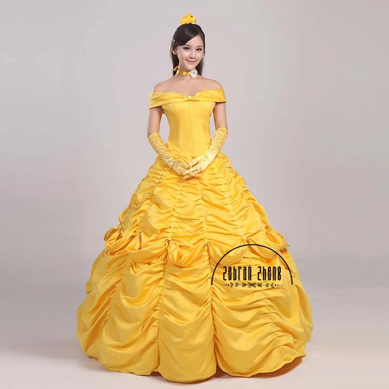 

Free Shipping Belle Golden Costume For Women Party Girl Long Cosplay Dress Cos Custom Made