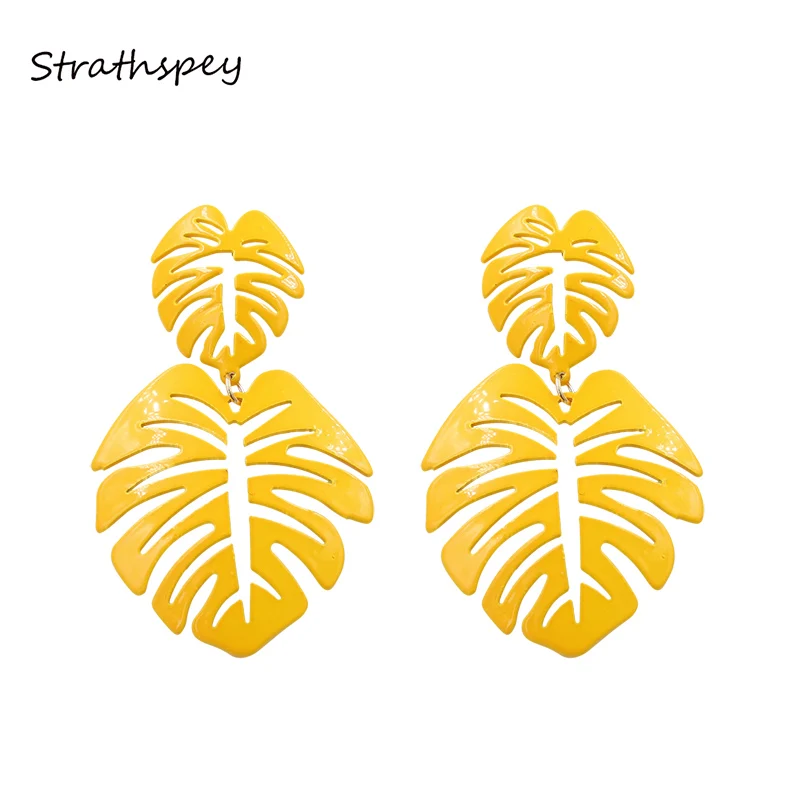 STRATHSPEY Handmade Leaf Drop Earrings For Women Bohemia Hollow Big Earring Yellow Green Color Statement Earings Jewelry