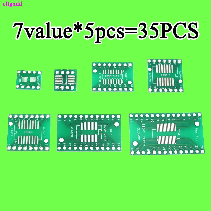 cltgxdd 35pcs=7value*5pcs PCB Board Kit SMD Turn To DIP SOP MSOP SSOP TSSOP SOT23 8 14 16 20 24 28 SMT To DIP