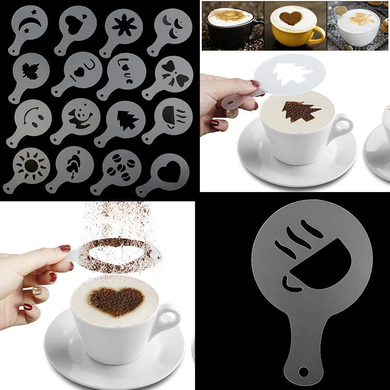 16pcs/set Coffee Latte Cappuccino Coffee Art Stencils Template Strew Flowers Pad Duster Spray for Coffee Decor Tools Accessories