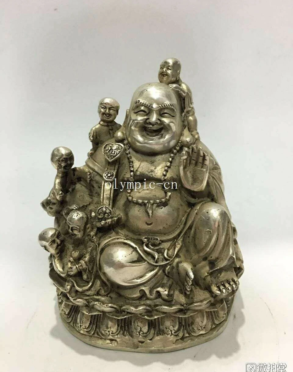 6'' copper silver carvings folk home fengshui five boys with lucky buddha statue