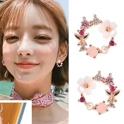 JIOFREE Elegant Korean Rhinestone Flower small Round Circle Clip Earrings Charm Pearl Wedding Party Jewelry Pendientes For Women