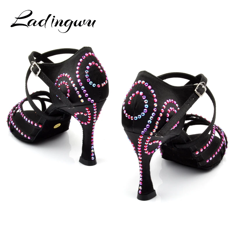 Ladingwu New upgrade Silk Satin Dance Shoes Latin Women Colored Rhinestones Ballroom Salsa Dance Shoes Profession zapatos de muj