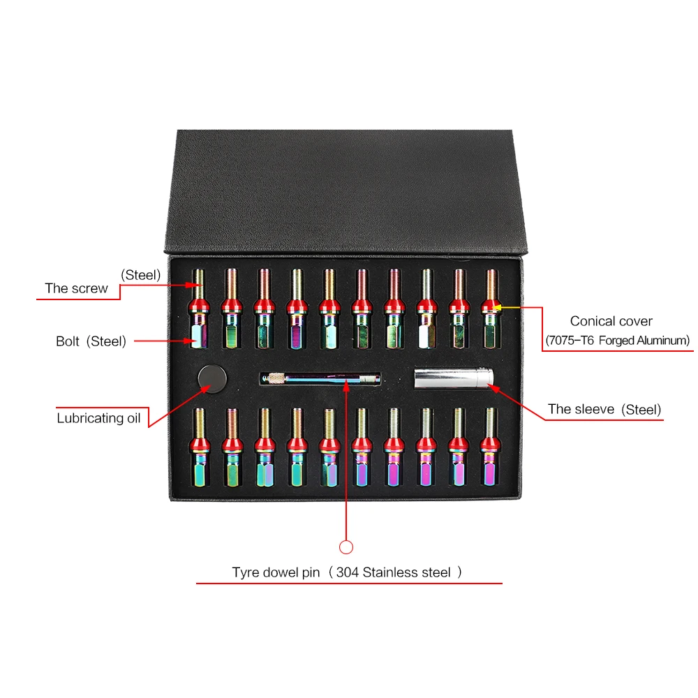 20PCS Colorful conical Seat Safety Car Wheel Bolts Stud Wheel Nuts M14x1.5 M14x1.25 M12x1.5 M12x1.25For BMW VW BENZ