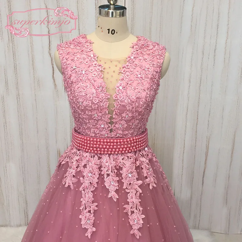 SuperKimJo Vestido De Fiesta De Boda Beaded Prom Dresses Long Sleeveless Rose Pink Prom Gowns Robe De Bal