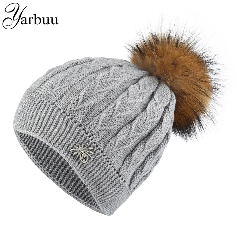 

[YARBUU] knitted beanies cap winter hat for women girl's cap mink fur pompom hats solid colors gorros cap female causal hat