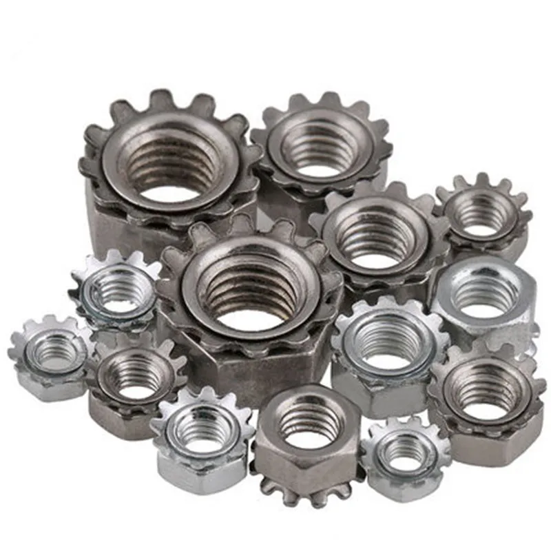 304/201 нержавеющая сталь, K-гайка с зубцами, углерод/белый цинк, K-гайка, зубчатая Шестигранная гайка