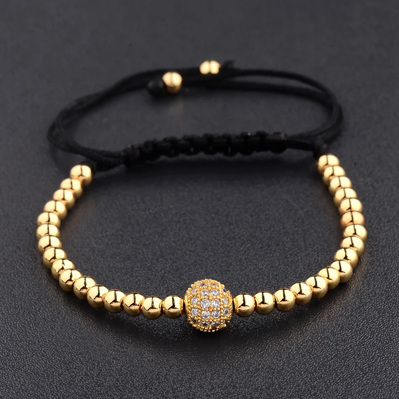 Braided Charm Men CZ Zircon Pave Copper Ball Bracelets Round 4mm Beads Gold Color Macrame Bracelets Party Gift AB1004