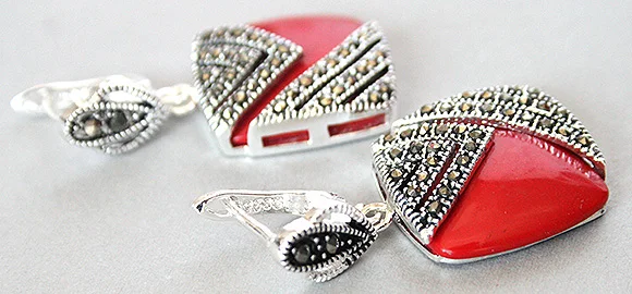 Charm lady\'s 925 Silver Hook Red Coral Marcasite Square Earrings 1\