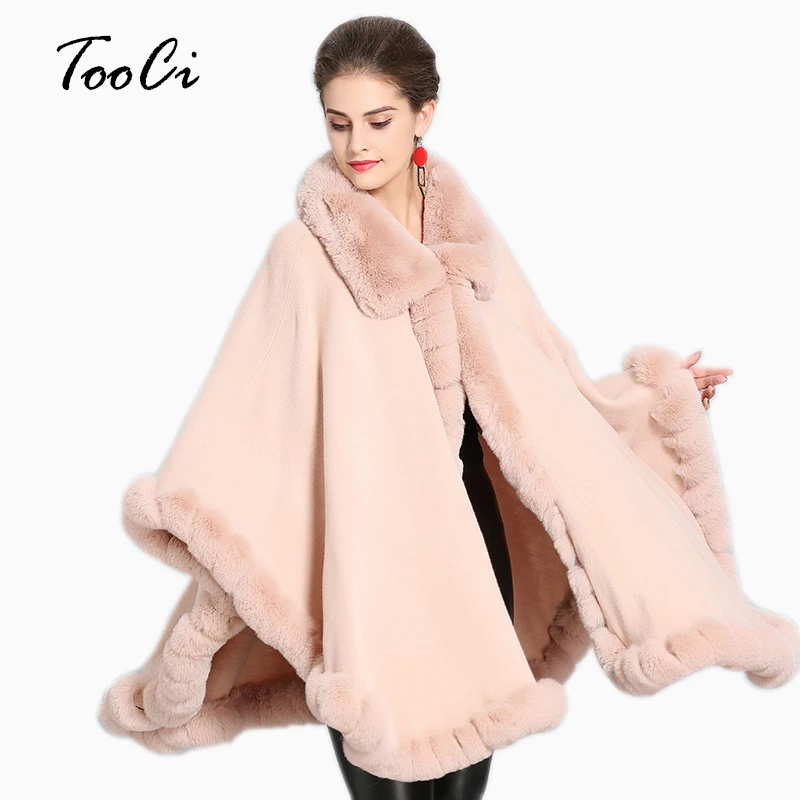 New Spring  Elegant Faux Fur Coat  Women Pink Warm Soft Jacket Cardigan Thick Overcoat Short Outerwear Poncho And Capes