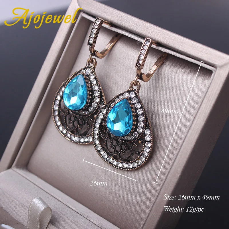 Ajojewel Vintage Style Blue Crystal Water Drop Earrings For Women With Rhinestone Antique Gold Color Retro Jewelry Wholesale