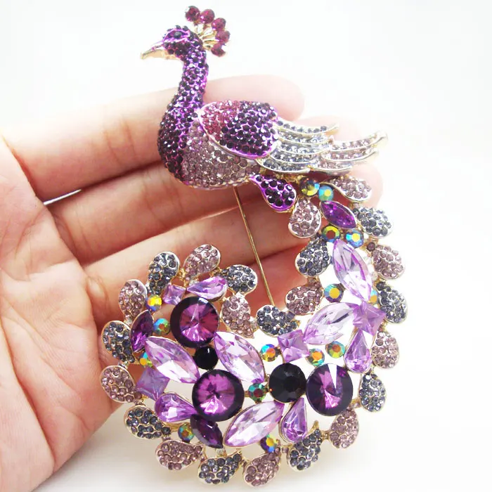 Classic Luxury Peacock Bird Gold Tone Brooch Pin Purple Rhinestone Crystal