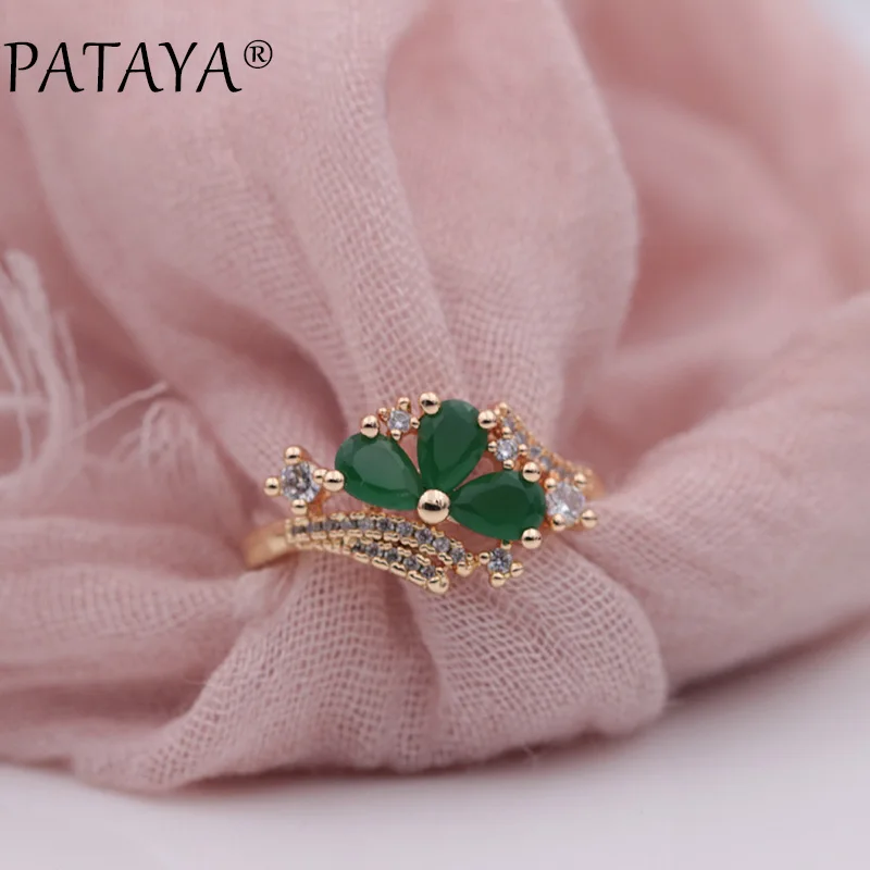 PATAYA New Arrivals 585 Rose Gold Color Micro-wax Inlay Green Water Drop Natural Zircon Rings Women Wedding Party Trendy Jewelry