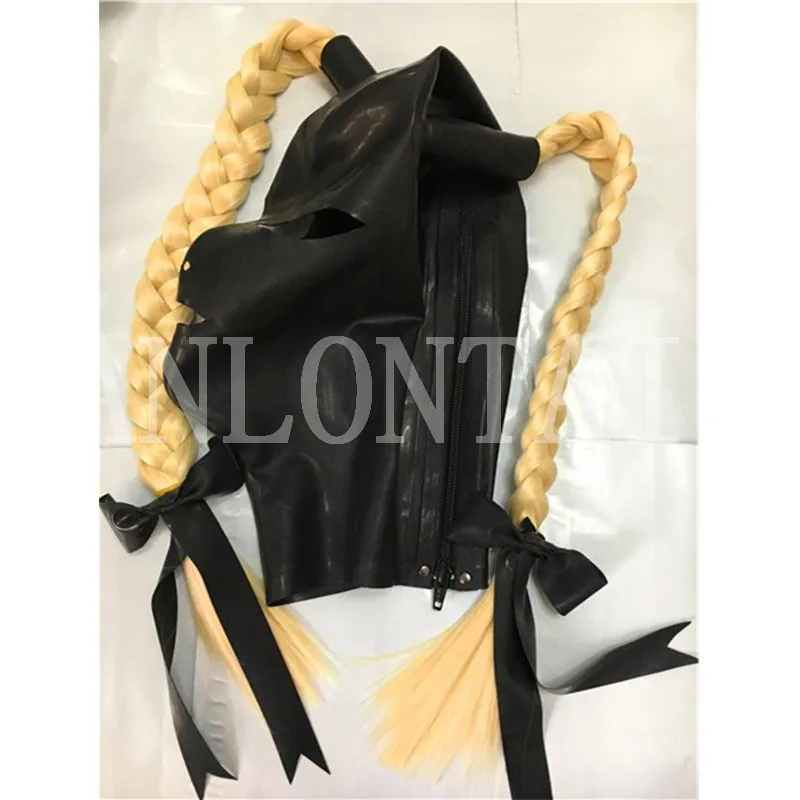 Cagoule en Latex Noir pour Femme, Fait à la Main, avec Tresse Torsadée, Yeux Ouverts, Bouche, Drame en Antarctique, Masque Cekc Back Zpper