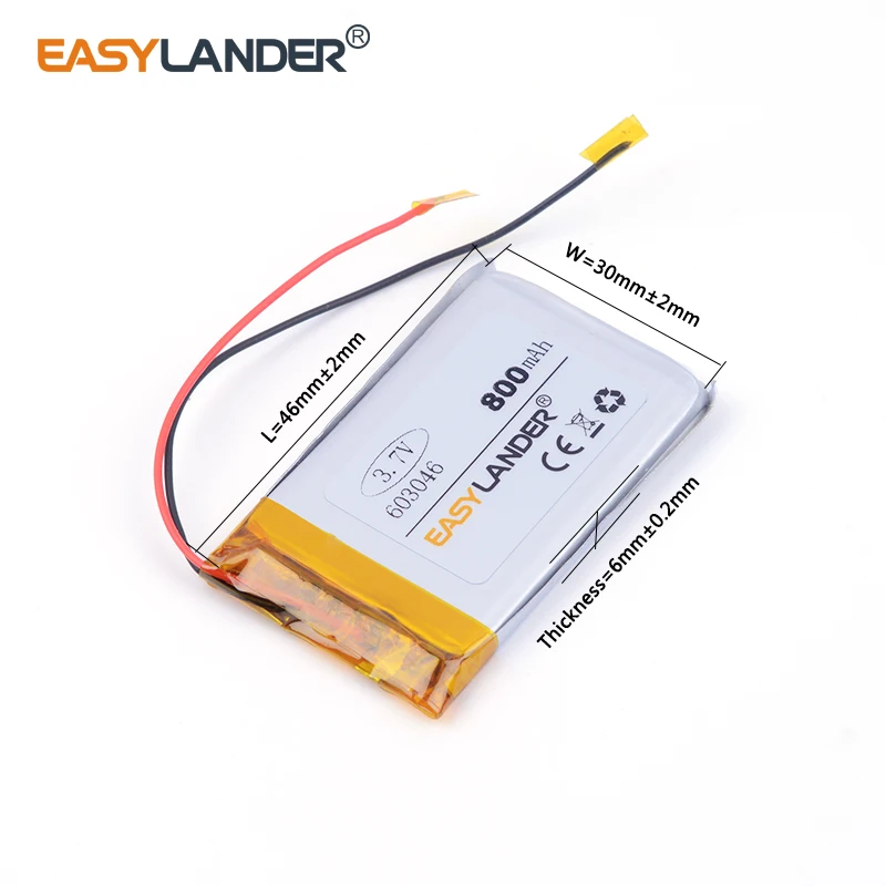 Bateria recarregável do Lítio-íon do polímero, Bateria do Li-íon para o relógio esperto, GPS, orador MP3, 603046, 603048, 3.7V, 800mAh, 063046