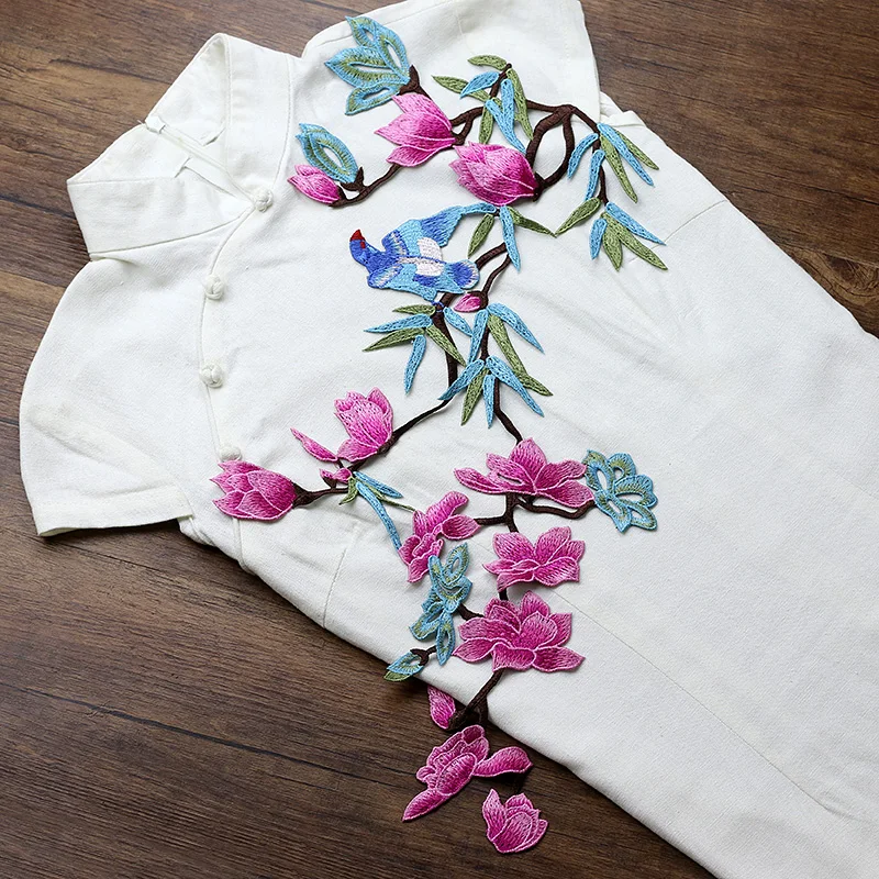 Large Size Magnolia Flower with Bird Embroidered Patch Sewing Applique Clothes Shoes Bags Decoration Patch Apparel DIY Patches