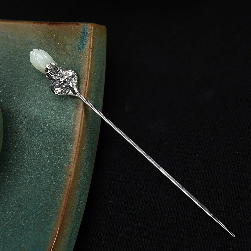 Amxiu Handmade Magnolia Flower Hair Sticks S925 Hair Jewelry Vintage Antique Silver Hair Accessories For Mother Birthday Gift