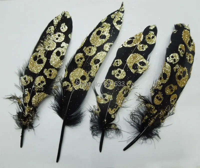 100Pcs/lot! 14-20cm Black Painting Goose Satinettes Feathers,Skull Painting with Glitter,New Creat Craft Feathers