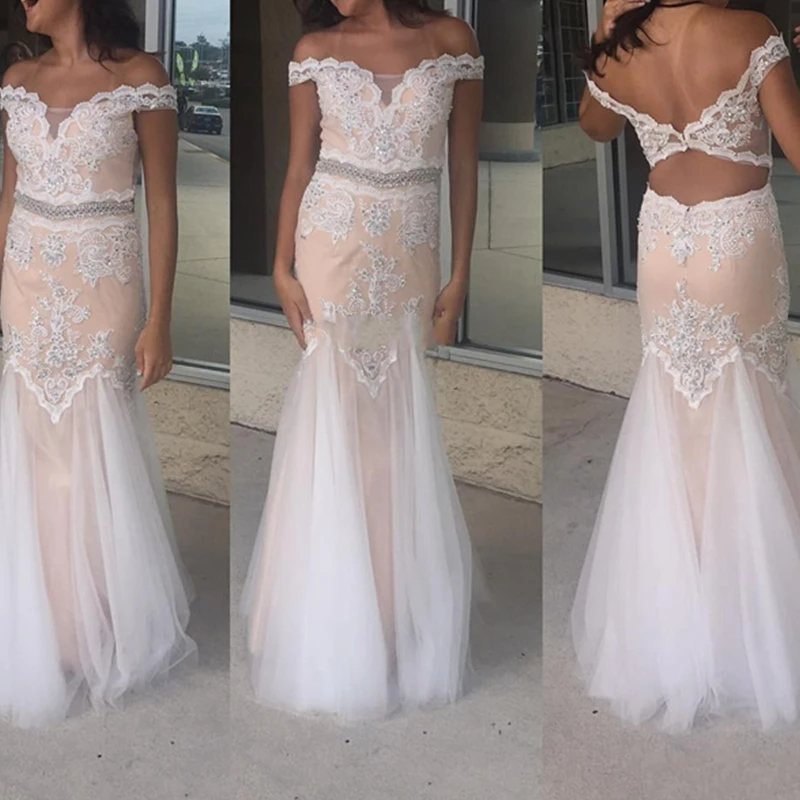 2021 Fall Champagne Crystal Kralen Mermaid Prom Dresses Kapmouwtjes Avondjurken Met Kant Applicaties Sexy Backless