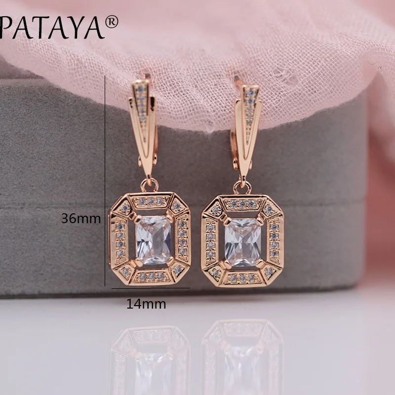 PATAYA New 585 Rose Gold Colors Dangle Earrings For Women Square Natural Zircon Long Earring Fashion Wedding Jewelry