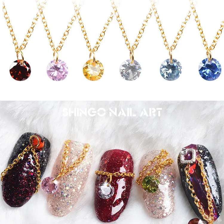 New 10pcs Nails decorations new arrive top level sharp Zircon with metal chain nail art 3d glitter gold chain pendant charms