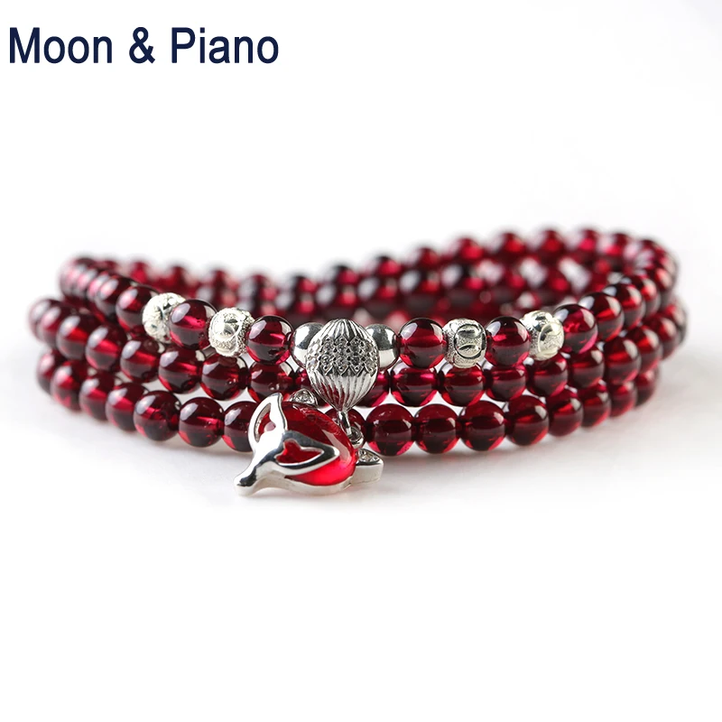 

Natural Garnet Bracelets Wine Red Bead with Fox Pendant 925 Sterling Silver Bracelet for Women Girl Crystal Multiplayer Jewelry