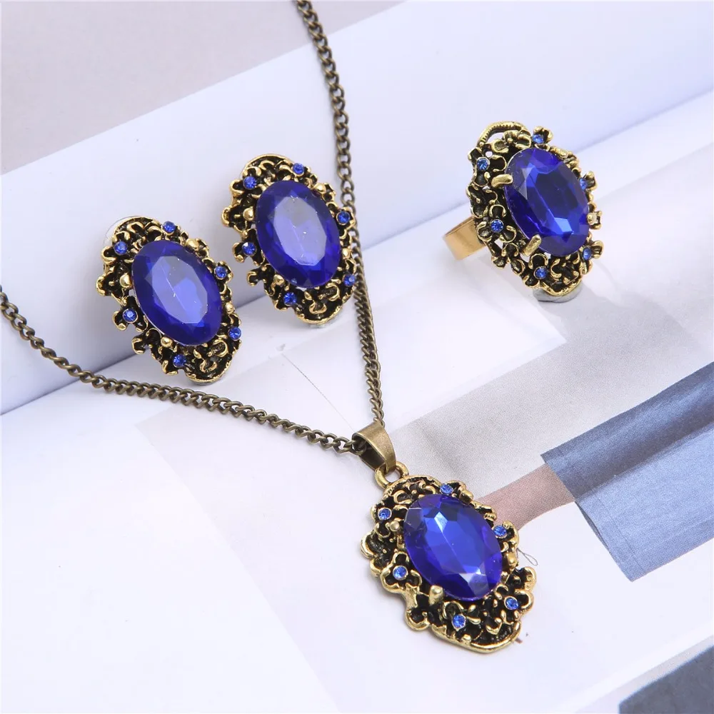 fashion aliexpress hot selling Royal blue green crystal jewelry set wedding bridal fashion Necklace Earrings ring 1105