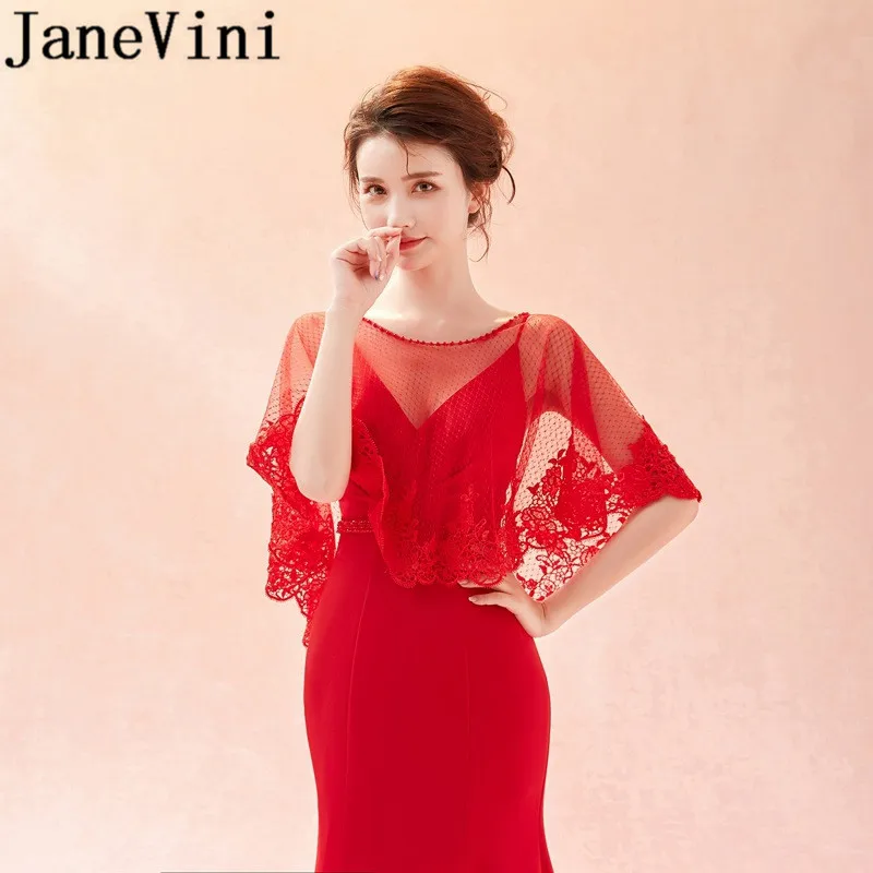 JaneVini Vintage Red Lace Wedding Cape For Bride Hochzeit Bolero Beaded Sheer Mesh Bridal Wedding Jackets Women Summer Wraps