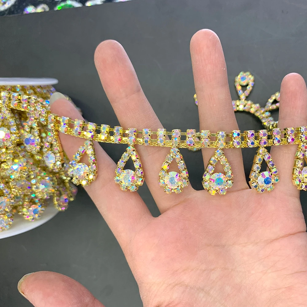 Good quality tassel Crystal AB Rhinestone Cup Chain Sew On Rhinestone Gold Base Trim For Wedding Dress Rhinestone Belt