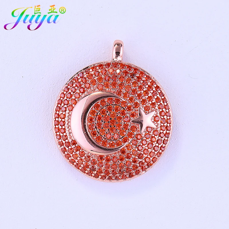 Juya Handmade Religious Jewelry Supplies Micro Pave Zirco Turkish Flag Crescent Moon Pendant Necklace For Muslim Allah Jewelry