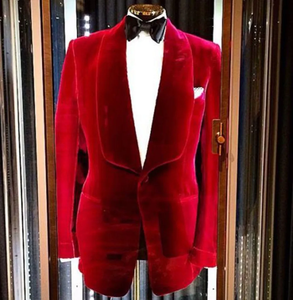 

2023 Custom men suits redjacket and black pant Mens Velvet Blazers Sets Jacket Red Designer Grooms Wedding Party Wear Prom Coat