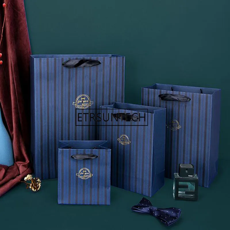 Gift Bag with Handles Classic Blue Striped Paper Gift Bag for Men Business Gift Packaging Bag 100pcs