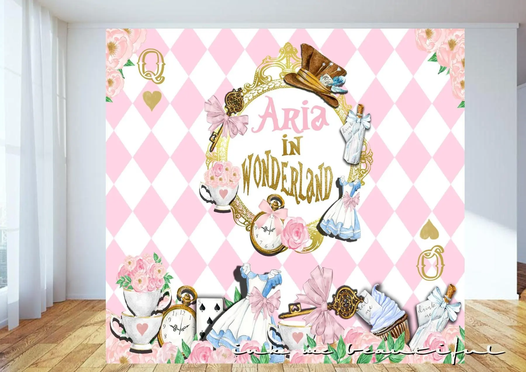 

Custom Pink Diamond Alice Wonderland 1st Birthday Baby Shower Step And Repeat backdrop Computer print party background