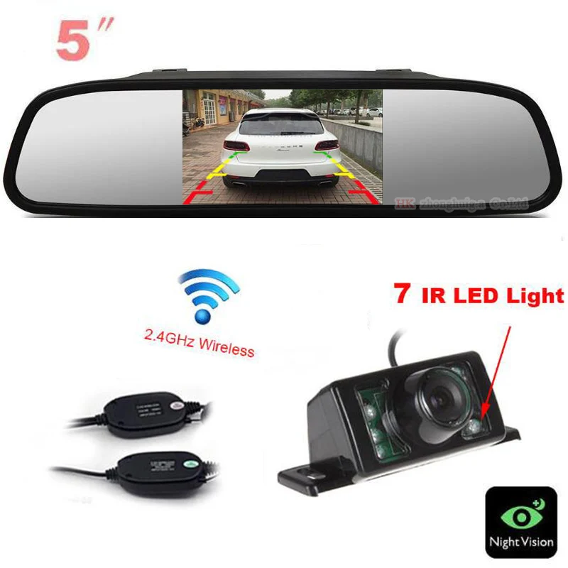 Wireless 5 inch Monitor Mirror Car Rear view Camera BackUp 7 LED IR Reversing Cam Parking Assist For AUDI/BWN/Toyota/VW Any car