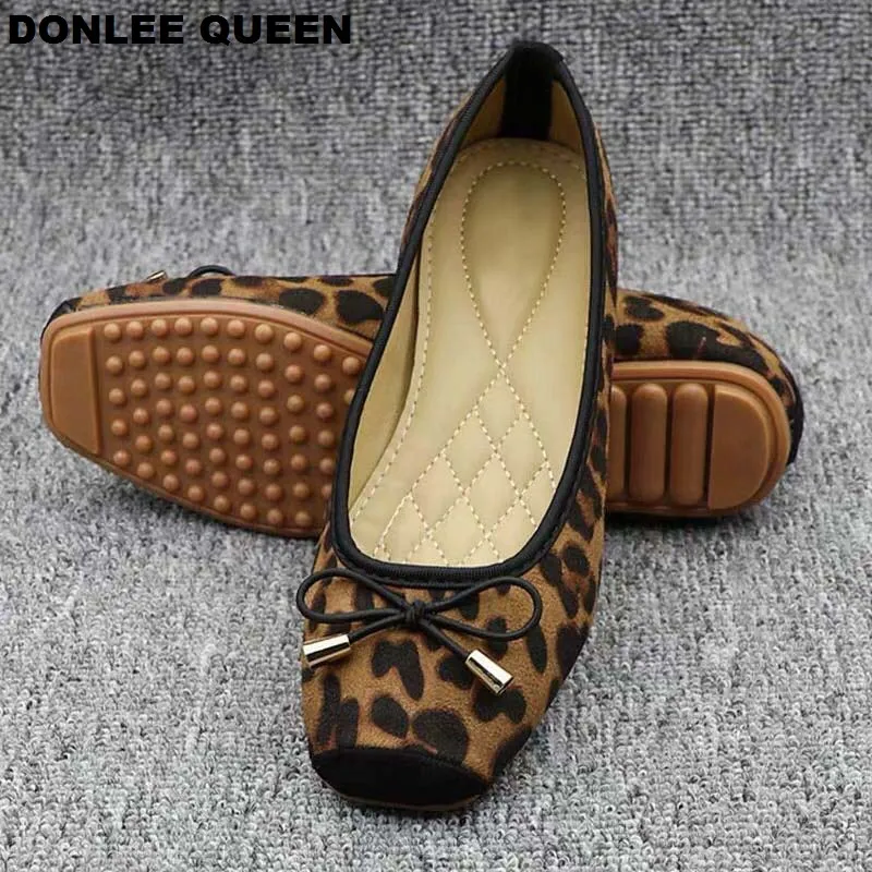 DONLEE QUEEN Women Flats Leopard Square Toe Bow Tie Ballet Shoes Leisure Slip On Ladies Flat Comfortable Footwear Moccasins Shoe