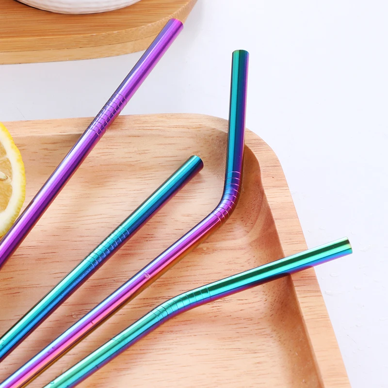 Reusable Stainless Steel Straws Eco Friendly Metal Drinking Straws Long Rainbow Bent Straight Straw Set Bar Cocktail Accessories