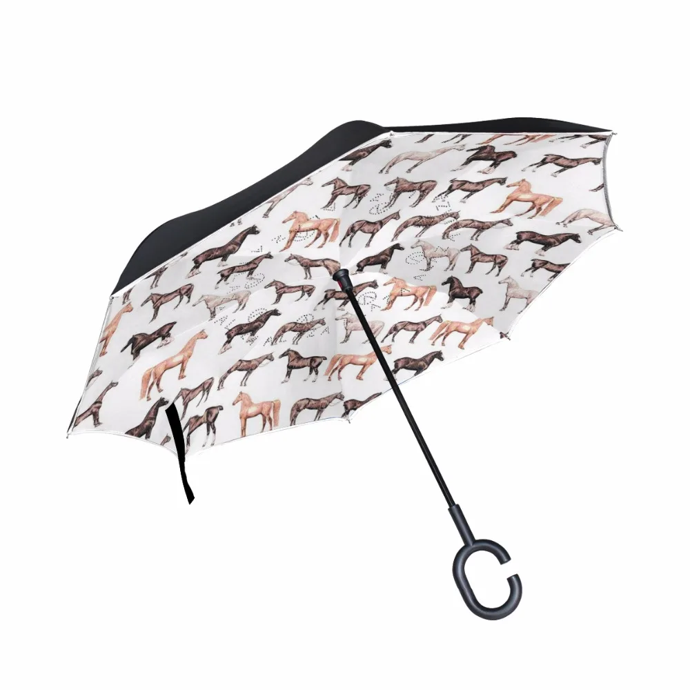 3D Vivid Horses Pattern Reverse Umbrella  Double Layer Long Handle Inverted Umbrella High Quality Creative Fashion Customized