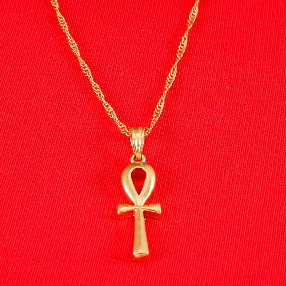 Egyptian Ankh Cross Pendant Necklace Chain Woman Gold Color Charms Jewelry Girls Egypt Hieroglyphs Jewelry