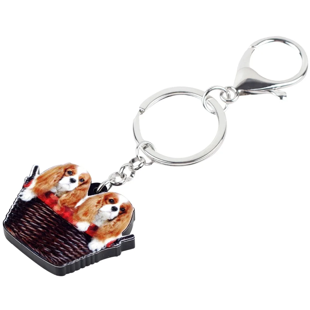 WEVENI Acrylic Sweet Double Cavalier King Charles Spaniel Dog Basket Key Chains Pendant Rings Animal Jewelry For Women Girls