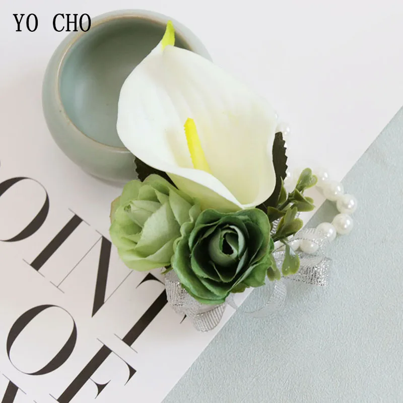 YO CHO-Boutonnieres de seda para boda, brazalete de Lirio de Cala, color blanco y rosa, para dama de honor, boda, graduación, novio, flor