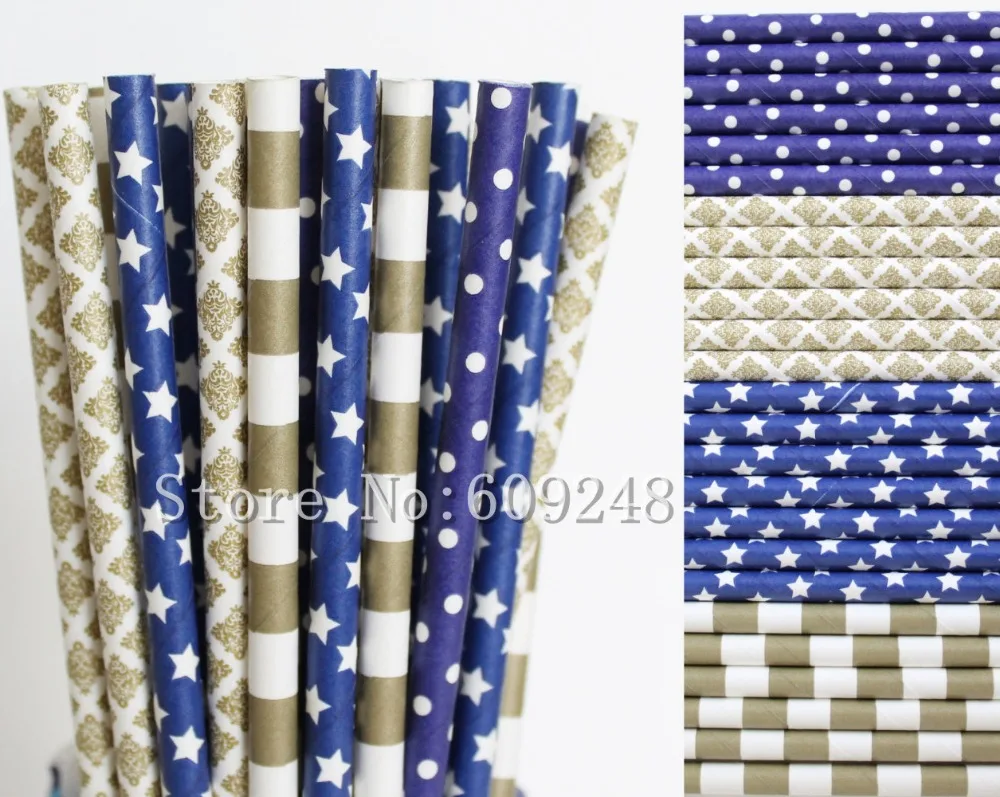 100 Pcs Drinking Party Paper Straws Mix,Navy Blue Swiss Dot and Star,Metallic Gold Damask and Horizontal Rugby Striped,Wedding