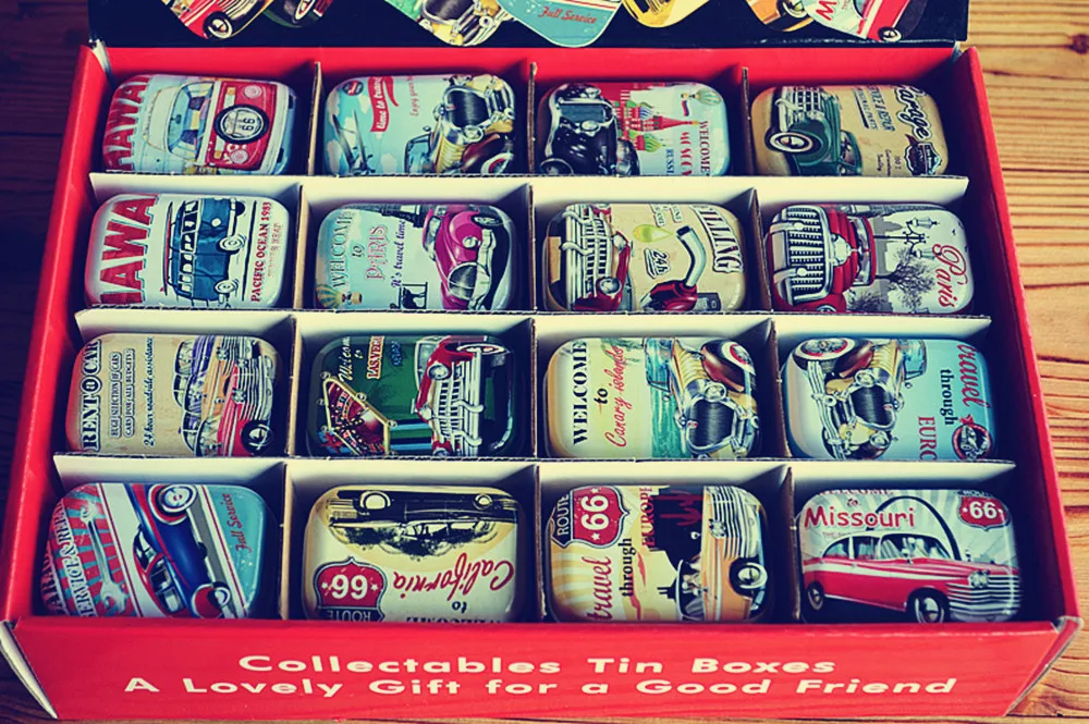 32pcs/box Vintage Car design Tin Box Metal Coin Saver Small Jewerly Case Pill case 16 designs Chocolate Gift Box