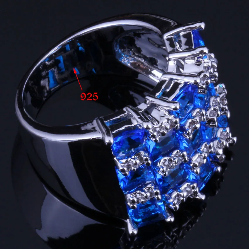 Superb Square Blue Cubic Zirconia White CZ Silver Plated Ring V0579